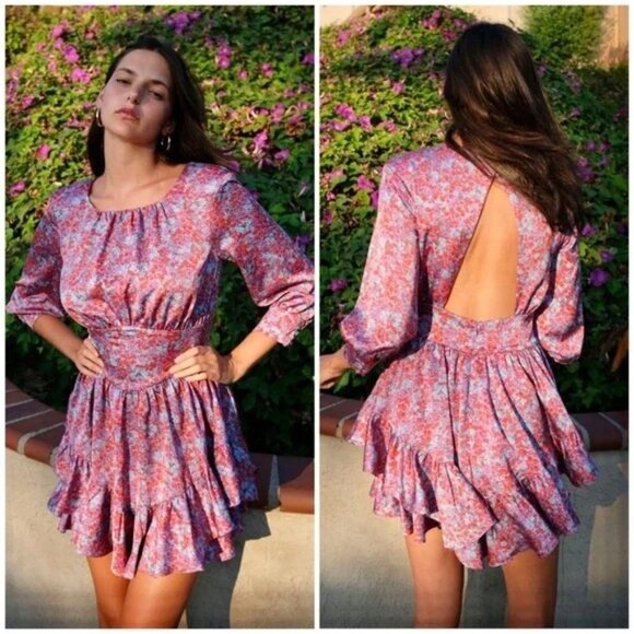 For Love & Lemons Red Purple Floral Corset Open Back Flare Dress - Picture 1 of 7